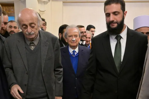 Marwan Hamadeh accompanying Walid Jumblatt during a meeting with Syrian President Ahmad Al-Sharaa in December.
