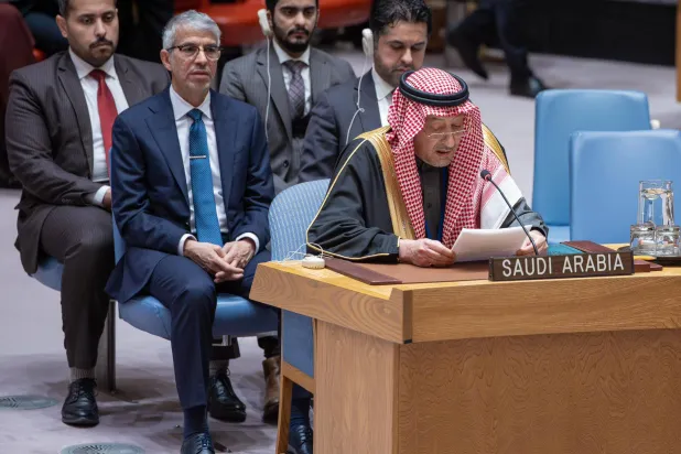 المهندس وليد الخريجي خلال إلقائه الكلمة في الاجتماع رفيع المستوى بمجلس الأمن (الخارجية السعودية)