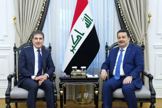 السوداني يستقبل نيجيرفان بارزاني رئيس إقليم كردستان في بغداد اليوم (رئاسة الوزراء العراقية)