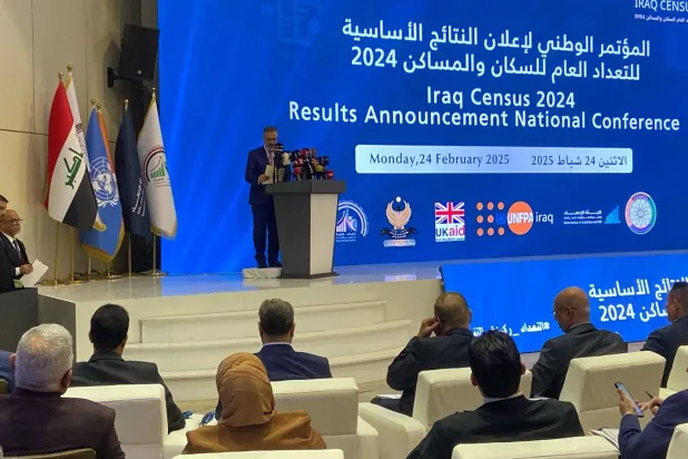 وزير التخطيط العراقي محمد علي تميم خلال مؤتمر إعلان النتائج الأساسية للتعداد العام للسكان في العراق (واع)