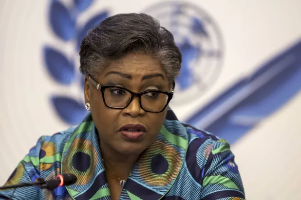 رئيسة وزراء جمهورية الكونغو الديمقراطية جوديت سومينوا تولوكا خلال مؤتمر صحافي في جنيف (أ.ب)