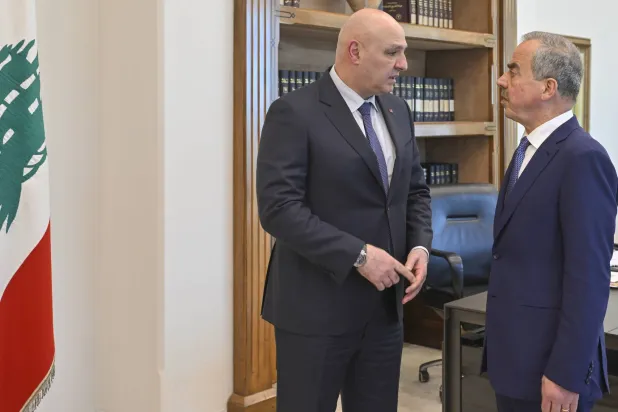 Lebanese President Joseph Aoun in the interview with Asharq Al-Awsat's editor-in-chief Ghassan Charbel. Photo: Asharq Al-Awsat