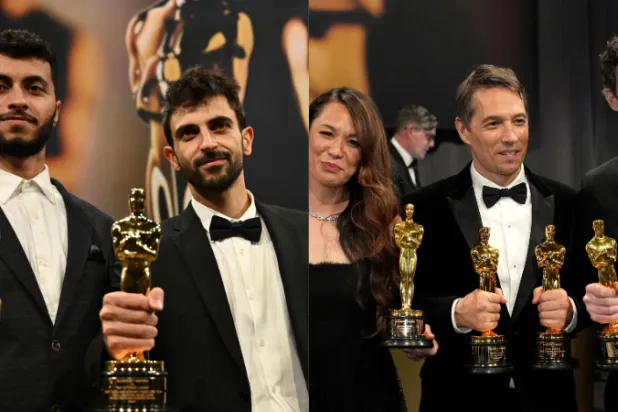 فريق فيلم Anora الحائز على 5 جوائز أوسكار (أ.ب) وأوسكار أفضل وثائقي للفيلم الفلسطيني الإسرائيلي No Other Land  (أ.ف.ب)