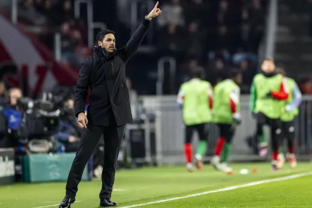 Arsenal FC coach Mikel Arteta gestures during the UEFA Champions league round of 16 first leg soccer match between PSV Eindhoven and Arsenal FC in Eindhoven, the Netherlands, 04 March 2025. (EPA)
