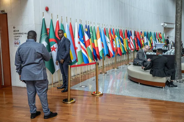 أعلام دول «الاتحاد الأفريقي» الـ55 خلال القمة الـ38 في أديس أبابا الشهر الماضي (أ.ف.ب)