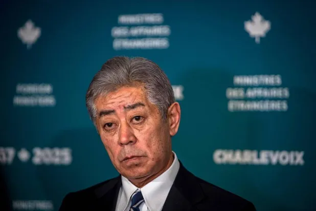 Minister of Foreign Affairs of Japan Takeshi Iwaya talks to the press at the G7 Foreign Ministers Meeting at the Fairmont Manoir Richelieu on March 13, 2025 in La Malbaie, Canada. (Getty Images/AFP)