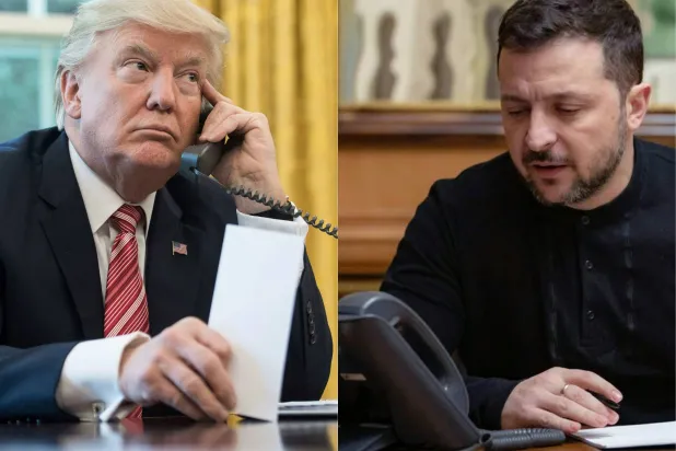صورة مدمجة تظهر الرئيس الأميركي دونالد ترمب ونظيره الأوكراني فولوديمير زيلينسكي يجريان مكالمة هاتفية (أ.ف.ب)