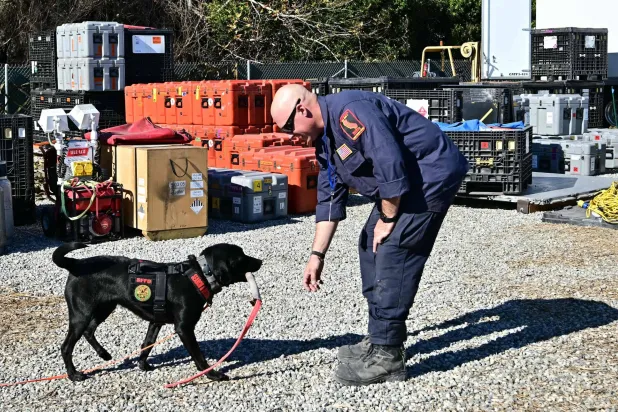 إطفائي مع كلب مدرَّب في لوس أنجليس (أ.ف.ب)