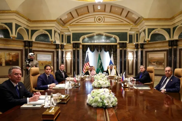 Jeddah talks between the US and Russian delegations at Al-Diriyah Palace in Riyadh on February 18 (Reuters)