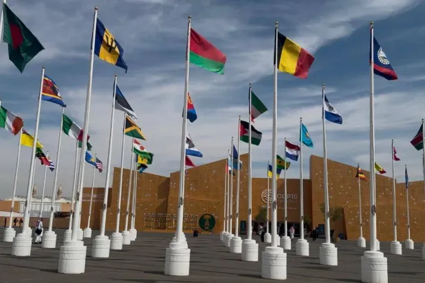 أعلام دول العالم في مدخل «كوب 16» في الرياض (الشرق الأوسط)