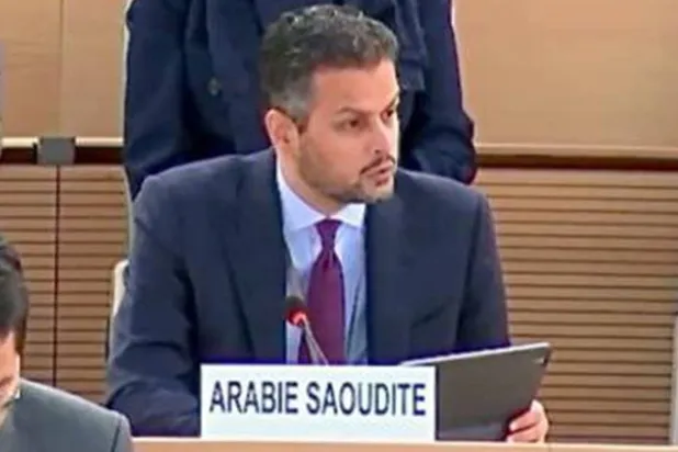 السفير عبد المحسن بن خثيلة خلال جلسة لمجلس حقوق الإنسان الأسبوع الماضي (البعثة السعودية في جنيف)