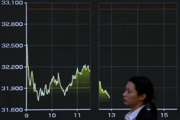 سيدة تمر أمام شاشة تعرض رسمًا بيانيًا يوضح متوسط ​​تحركات أسهم نيكي اليابانية اليوم خارج مكتب وساطة في طوكيو (رويترز)