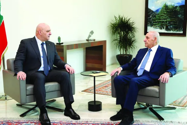 Lebanese President Joseph Aoun and parliament Speaker Nabih Berri meet at the Baabda presidential palace on Monday. (Lebanese Presidency)