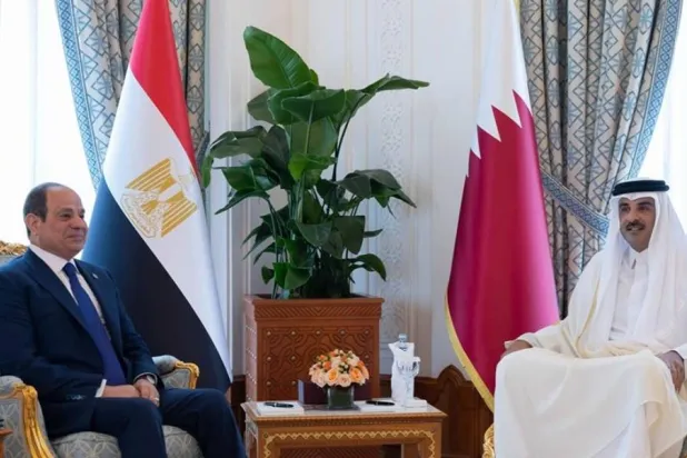 جانب من المباحثات بين الرئيس المصري عبد الفتاح السيسي وأمير قطر الشيخ تميم بن حمد آل ثاني في الدوحة الاثنين (قنا)