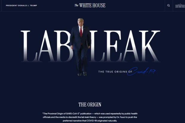 تعرض الصفحة التي تشبه ملصقاً لأحد أفلام هوليوود عنواناً وهو «تسريب المختبر» (البيت الأبيض)