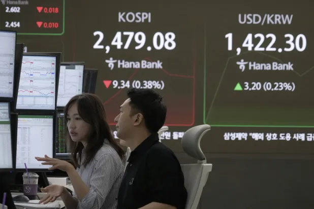 متداولو عملات قرب شاشة تعرض مؤشر «كوسبي» وسعر صرف الدولار مقابل الوون في بنك «كي إي بي هانا» في سيول (أ.ب) 