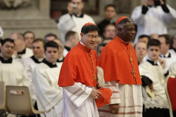الكاردينال النيجيري بيتر كودو أبياه توركسون (يمين) والكاردينال الفلبيني لويس أنطونيو تاغل خلال قداس الاحتفال بالبابا الجديد في كاتدرائية القديس بطرس بالفاتيكان عام 2013 (أ.ف.ب)