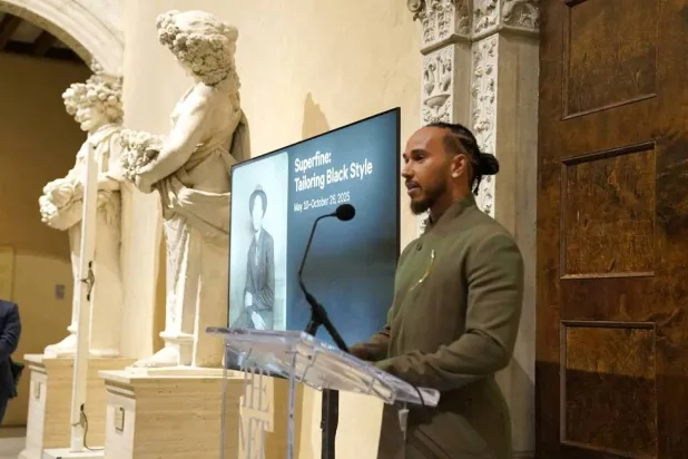 Met Gala celebrity chair Lewis Hamilton speaks at the Metropolitan Museum of Art's Costume Institute during a press conference October 9, 2024. (AFP) 