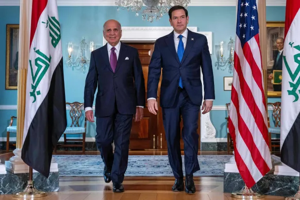 US Secretary of State Marco Rubio (R) meets with Iraqi Deputy Prime Minister and Minister of Foreign Affairs Fuad Hussein in the Treaty Room of the State Department in Washington, DC, April 25, 2025. (Photo by Jim WATSON / AFP)