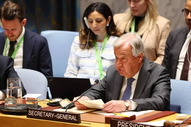 أنطونيو غوتيريش خلال اجتماع مجلس الأمن بشأن الصراع في الشرق الأوسط بما في ذلك القضية الفلسطينية في مقر الأمم المتحدة في نيويورك 29 أبريل 2025 (أ.ف.ب)