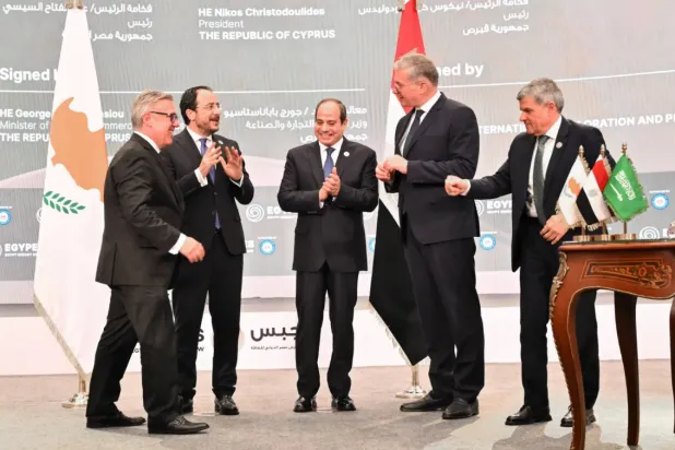 الرئيس السيسي ونظيره القبرصي كريستودوليديس يشهدان توقيع أول اتفاقيتين بين البلدين في قطاع الغاز فبراير الماضي (أ.ش.أ)