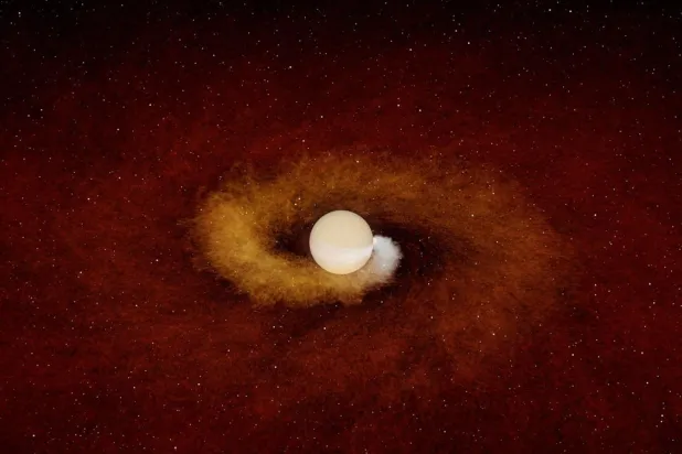 Bir gezegenin yavaş yavaş ev sahibi yıldızın içine doğru spiral çizdiğini gösteren sanatçı tasviri. Bilim insanları Jüpiter büyüklüğündeki bu gezegenin yıldızın atmosferini sıyırmaya başladıktan sonra "içine düştüğünü" söylüyor (R. Hurt & K. Miller [Caltech/IPAC])