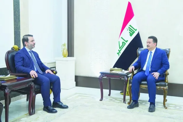 Iraqi Prime Minister Mohammed Shia al-Sudani and Syrian Foreign Minister Asaad al-Shaibani meet in Baghdad on March 14, 2025. (Iraq government media)