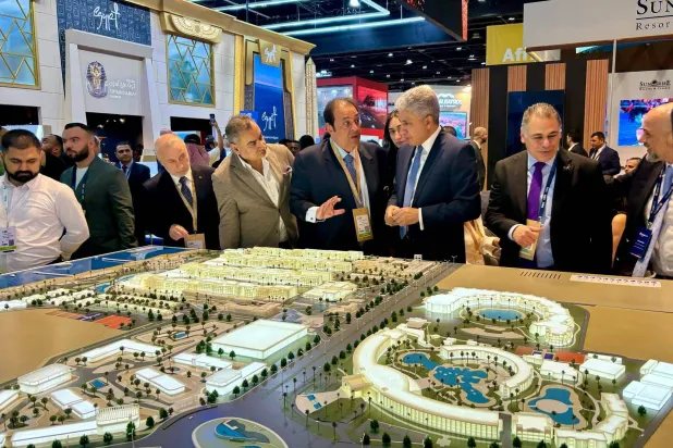 Sherif Fathy, Egypt’s Minister of Tourism and Antiquities, at the Egyptian pavilion during the Arabian Travel Market in Dubai (Asharq Al-Awsat)