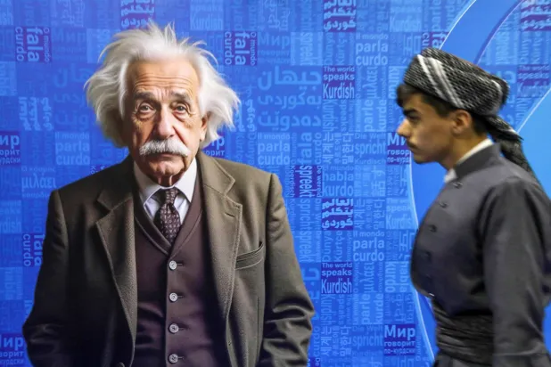 زائر يمر أمام ملصق يصور الفيزيائي الألماني الراحل ألبرت أينشتاين خلال معرض أربيل الدولي للكتاب في 9 أبريل 2025 (أ.ف.ب)