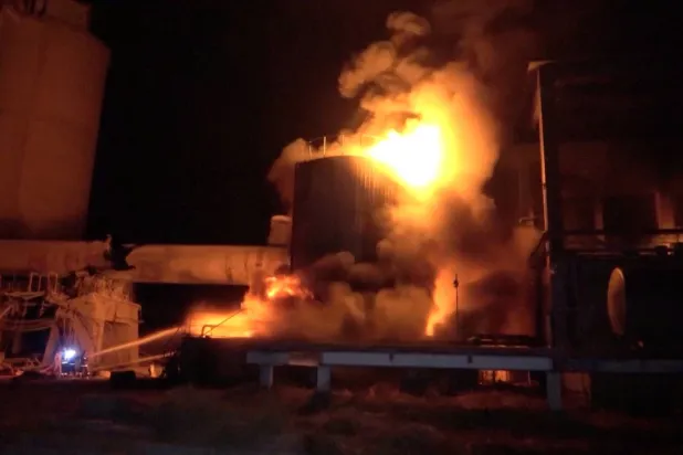 Firefighters work as huge fires erupted at a cement factory in Yemen after the Israeli military said it carried out airstrikes against Hodeidah Port and its vicinity.  AL-MASIRAH TV/Handout via REUTERS