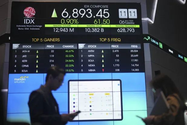 يقف أشخاص بالقرب من لوحة إلكترونية تعرض أسعار الأسهم في بورصة الأوراق المالية الإندونيسية (أ.ب)