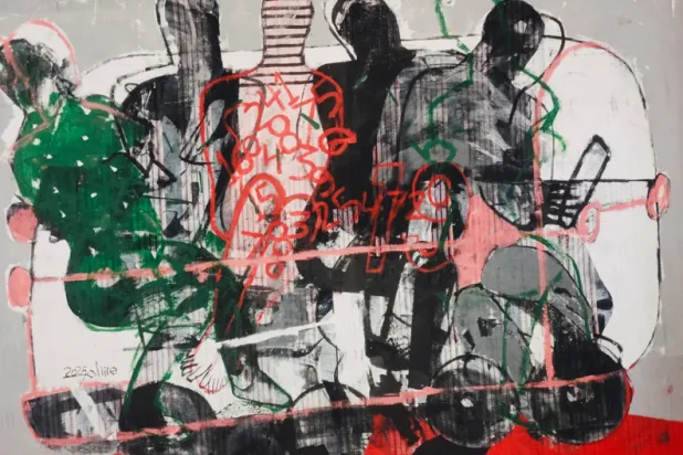 إحدى لوحات المعرض يشتبك فيها الشخوص والأرقام (الشرق الأوسط)