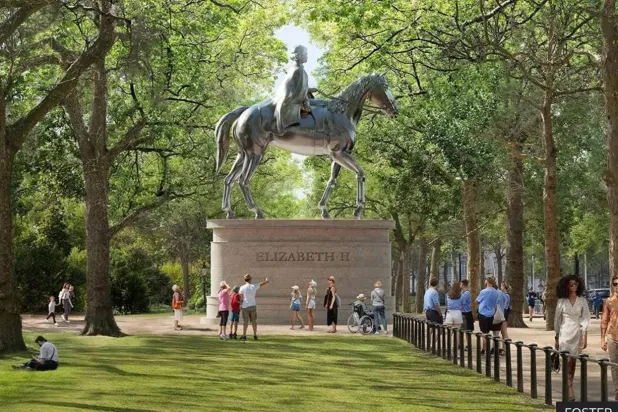 تصوُّر لتمثال الملكة على صهوة جوادها أمام بوابة مارلبورو في ذا مول (جيمس بارك)