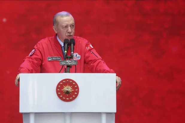 الرئيس التركي رجب طيب إردوغان خلال فعالية في الجزء التركي من نيقوسيا بقبرص 3 مايو 2025 (إ.ب.أ) 