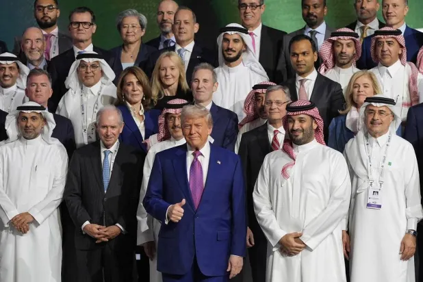 Prince Mohammed bin Salman, Saudi Crown Prince and Prime Minister, and US President Donald Trump pose for a photo at the Saudi-US Investment Forum at the King Abdulaziz International Conference Center in Riyadh, Saudi Arabia, Tuesday, May 13, 2025. (AP) 