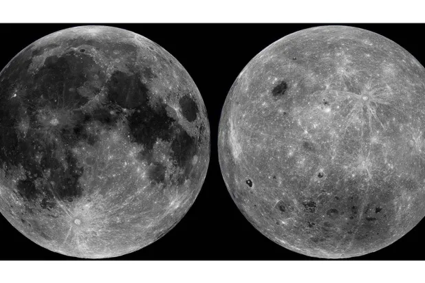 جُمعت صورٌ للجانب القريب من القمر (اليسار) والجانب البعيد منه من خلال ملاحظاتٍ أجراها مسبار الاستطلاع القمري التابع لـ«ناسا» (ناسا)