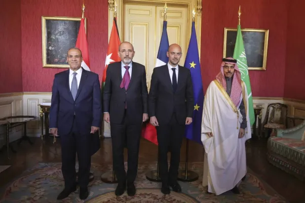 The Foreign Ministers of France, Saudi Arabia, Egypt, and Jordan at the French Foreign Ministry on Friday ahead of a meeting dedicated to preparing for the New York conference on the two-state solution. (AP) 
