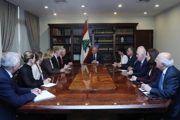 The Lebanese and American delegation meet at the Baabda presidential palace on Monday. (X)