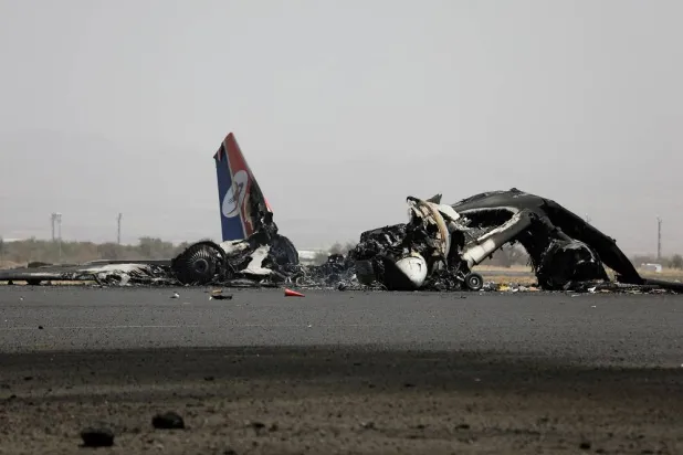 A view of a destroyed plane at Sanaa International Airport in the aftermath of an Israeli airstrike, in Sanaa, Yemen, May 7, 2025. (Reuters)