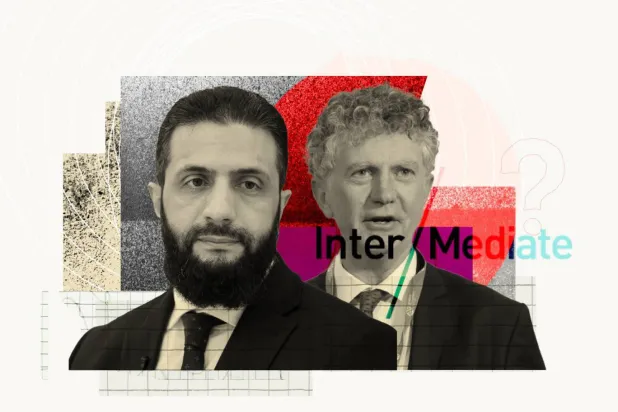 Suriye Cumhurbaşkanı Ahmed eş-Şera ve İngiltere Ulusal Güvenlik Danışmanı Jonathan Powell'ı gösteren kompozit bir fotoğraf (Independent Arabia)