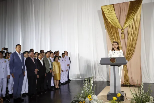 بايتونغتارن شيناواترا تتحدث خلال مؤتمر صحافي في بانكوك (إ.ب.أ)