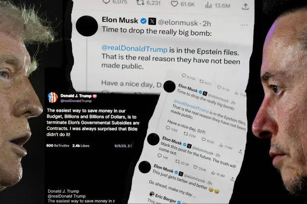 صورة مركّبة لماسك وترمب وبعض الاتهامات التي تبادلاها على وسائل التواصل الاجتماعي (أ.ف.ب - الشرق الأوسط)