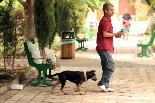رجل يسير برفقة كلبه في حديقة عامة (إ.ب.أ)