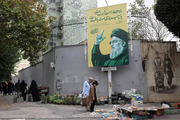 A poster of slain Hezbollah chief Hassan Nasrallah in Tehran, Iran. (Reuters) 