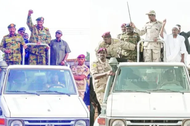 
Army chief Abdel Fattah al-Burhan (left) and RSF leader Mohamed Hamdan Dagalo, known as Hemedti, pictured during their alliance to oust Omar al-Bashir in 2019 (AFP)
