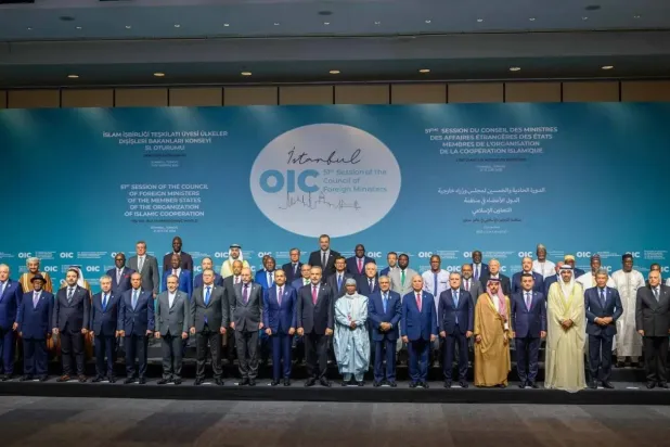 A commemorative photo of the ministers and officials participating in the 51st session of the Organization of Islamic Cooperation Council in Istanbul (AFP)