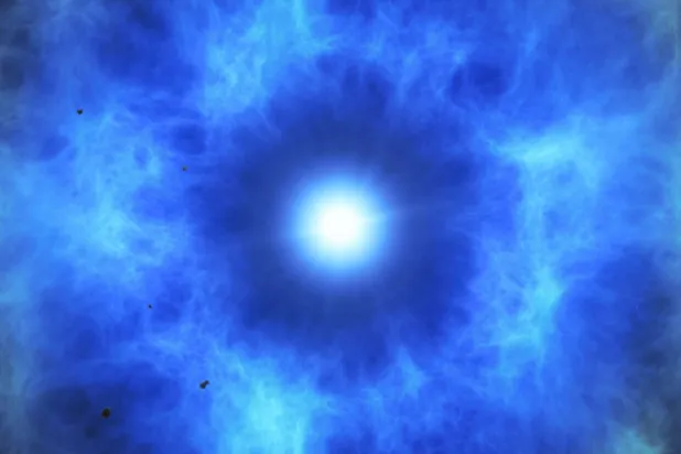 صورة نشرها المرصد الأوروبي الجنوبي تُظهر بقايا المستعر الأعظم وهي بقايا نجم متمدد انفجر قبل مئات السنين في انفجار مزدوج وهو أول دليل فوتوغرافي على أن النجوم يمكن أن تموت بانفجارَيْن (المرصد الأوروبي الجنوبي - أ.ف.ب)