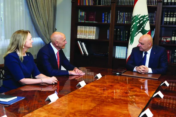 Talks between Lebanese President Joseph Aoun and US envoy Thomas Barrack two weeks ago in Beirut (AP). 