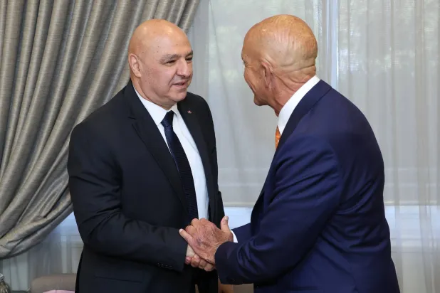 07 July 2025, Lebanon, Beirut: Lebanese President Joseph Aoun shakes hands with Special Envoy to Syria Thomas Barrack ahead of their meeting in the presence of US Ambassador to Lebanon Lisa Johnson, in Beirut. Photo: Lebanese Presidency Office Apai/APA Images via ZUMA Press Wire/dpa
