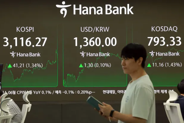 شاشة بيانات مالية في غرفة التداول ببنك «هانا» تُظهر مؤشر «كوسبي» في سيول (إ.ب.أ)